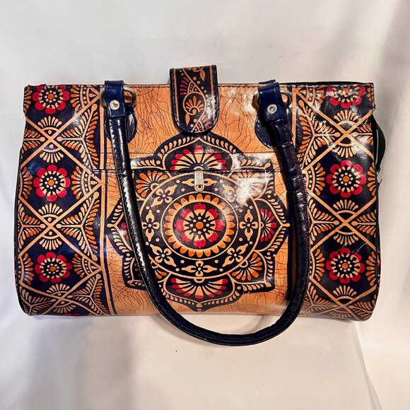 Shantiniketan Leather Indian Shoulder/Tote-Exclusive Batik Design Ethnic-Tan/Blu - Picture 3 of 16